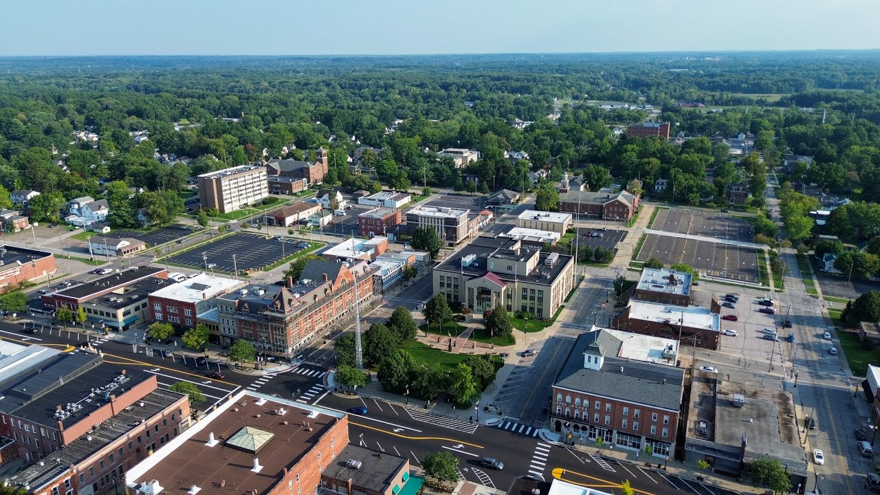 Stock Drone Footage of Downtown Ravenna Ohio, Chestnut Hills Park and Ravenna High School. 8/26/2024