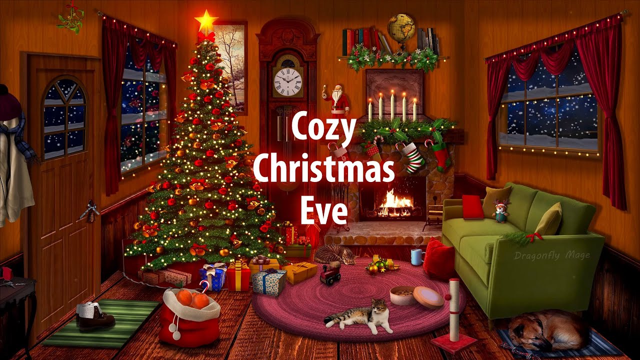 Cozy Christmas Eve 🎄 ASMR winter Christmas ambience ⛄ (crackling fire, wind, purring) 🎁