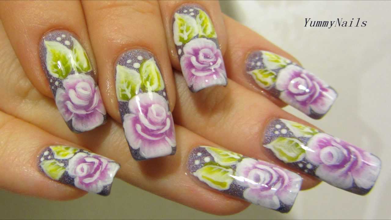 One Stroke Rose Garden Design in Violet, Purple, Lime Green and White Nail Art Tutorial