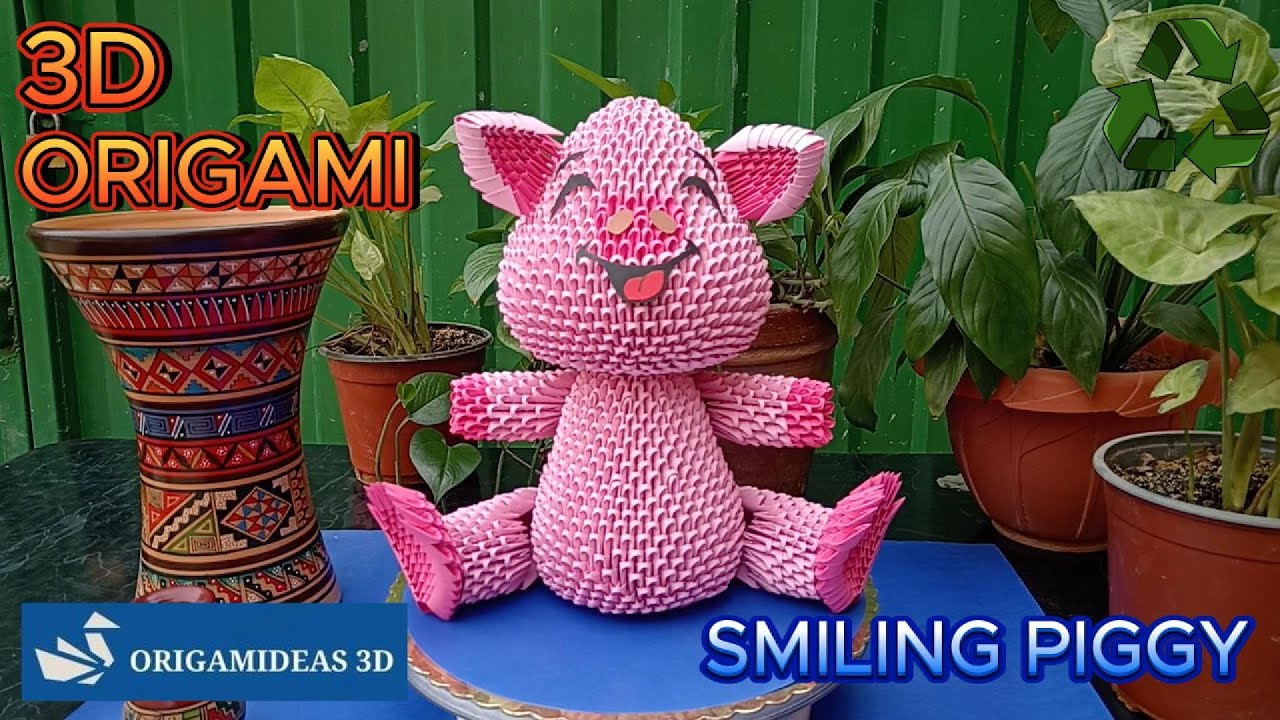 Smiling piggy in 3D origami with reusable paper | Cerdito sonriente | Origamideas 3D