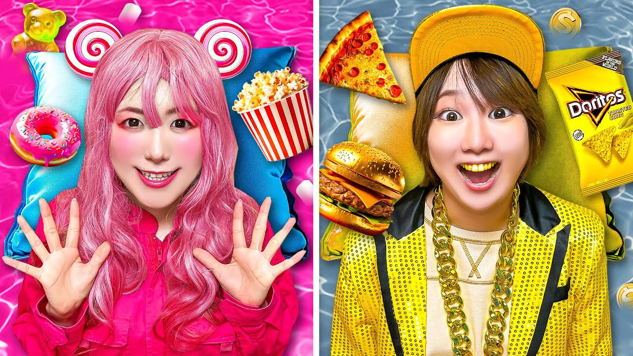 24時間 カラフル vs 金だけで生活！色を集めてハッピーになろう♪ 男女でおやつの早食い競争！色縛りお絵かき対決で勝負だ！【チャレンジ】