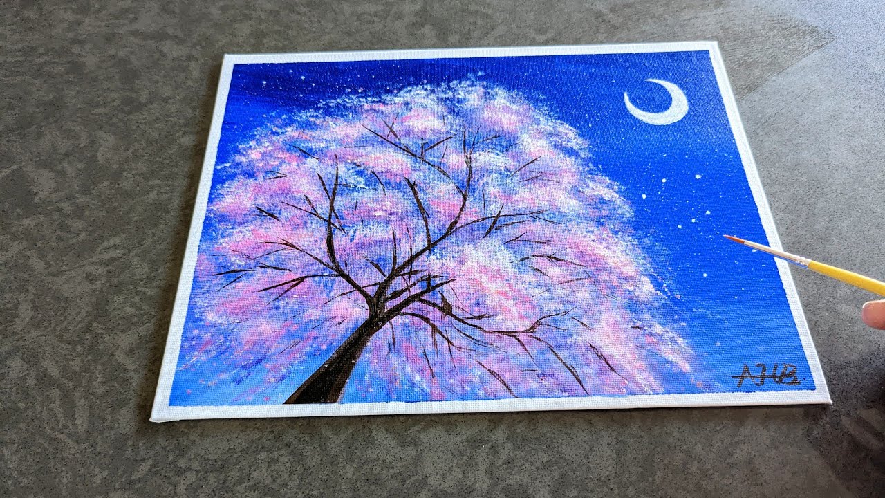 Moon night Cherry blossoms painting / simple painting tutorial for beginners #27 #moonnight
