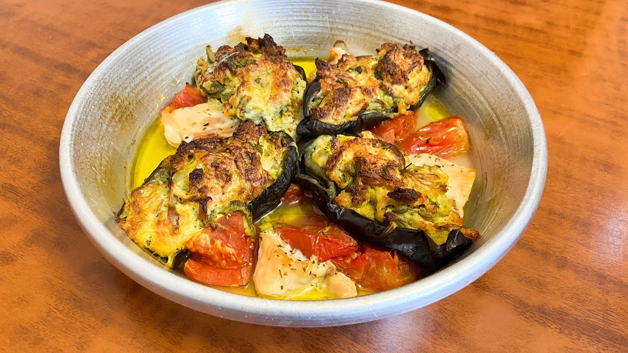 Patellxhan te mbushur ne furre | Recete verore | Stuffed eggplants in oven