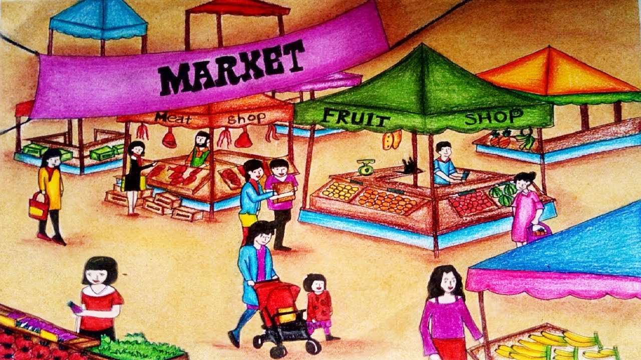 How To Draw Market Scenery step by step easy || Market Drawing