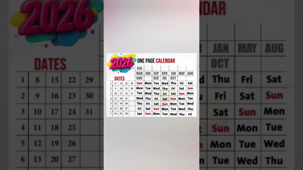 2026 One Page Calendar | All Months & Days in One Chart | January to December | Tamil Explanation