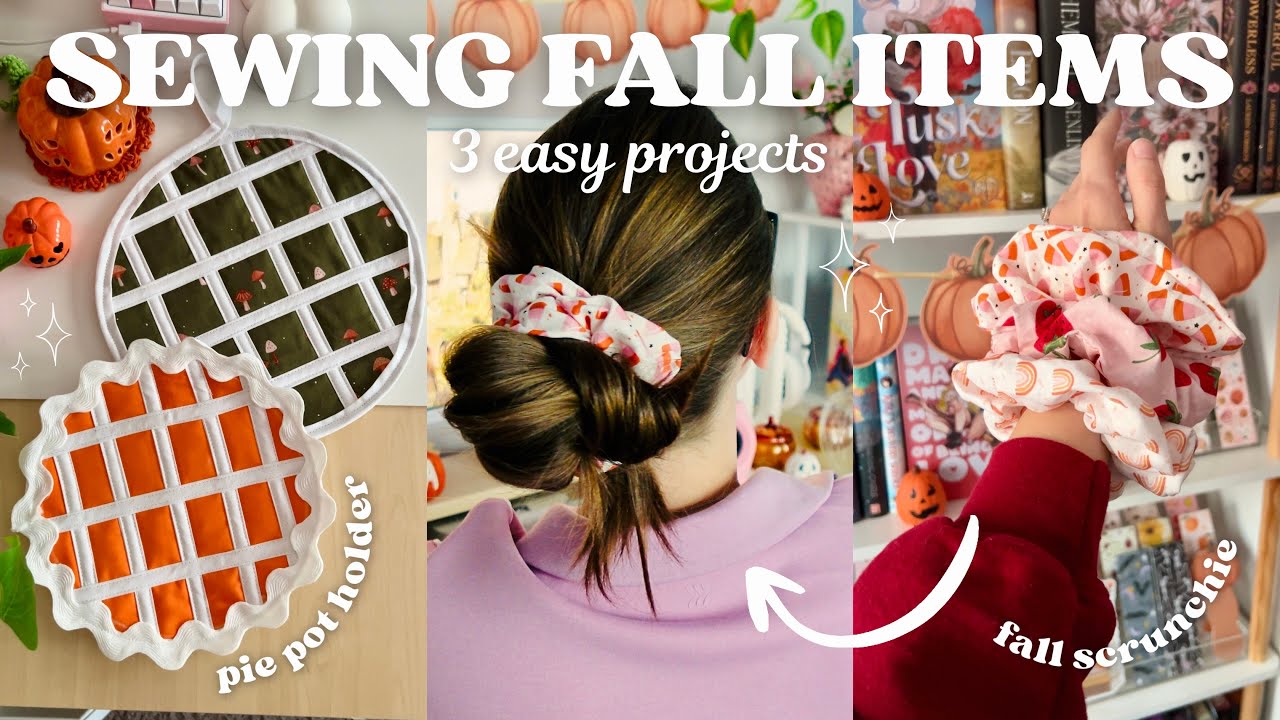 Sewing 3 Fall Projects ☕️🍁 scrunchie, pot holder, & coffee sleeve | sew with me vlog