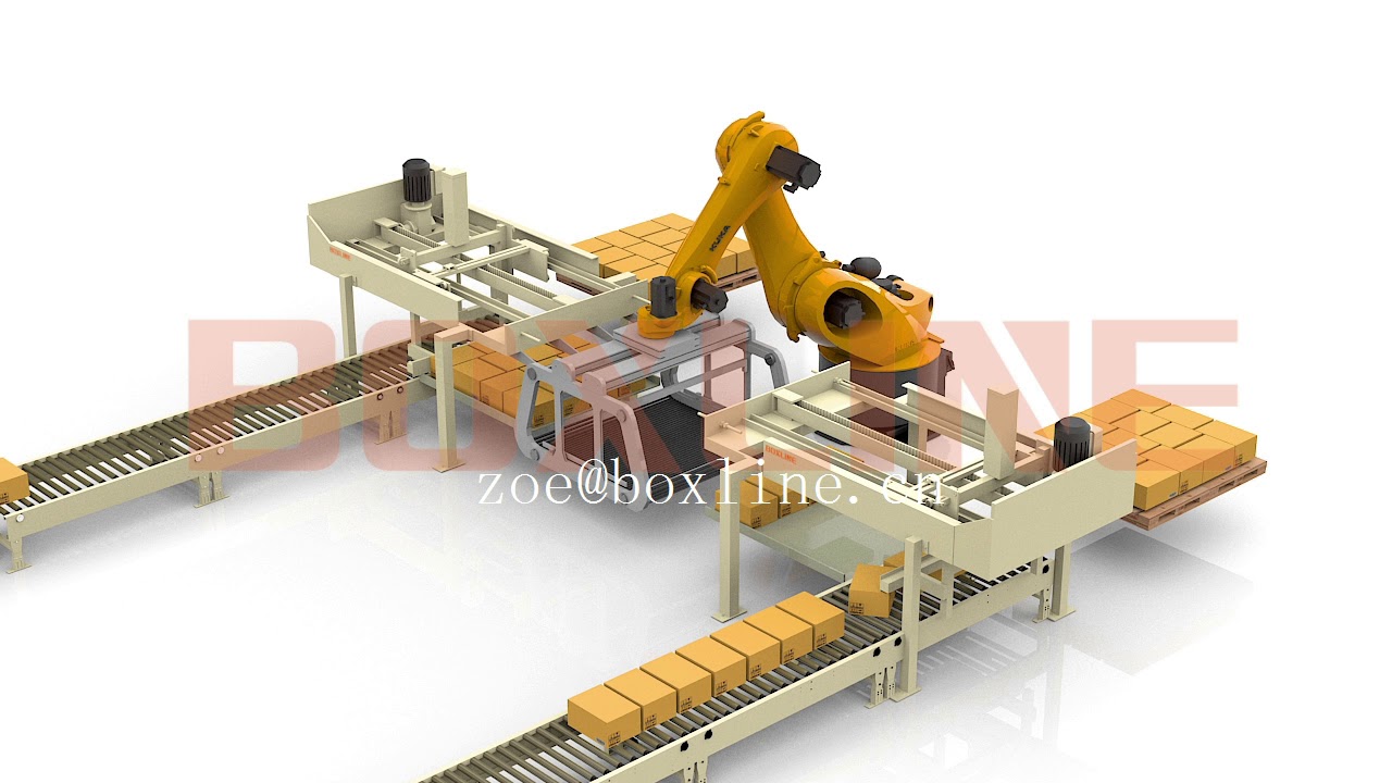 One set robot service two conveyor line for high speed carton stacking solutions box stacker crane