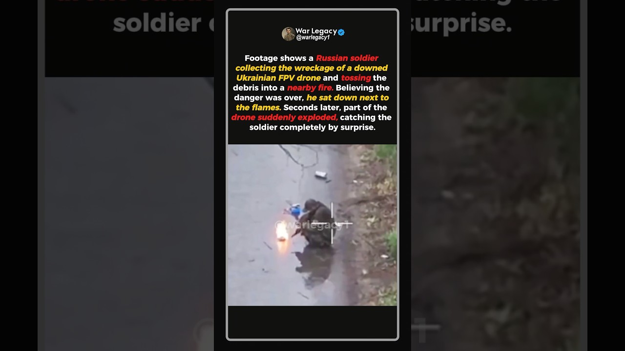 Russian Soldier Throws FPV Drone Debris Into a Fire #shorts