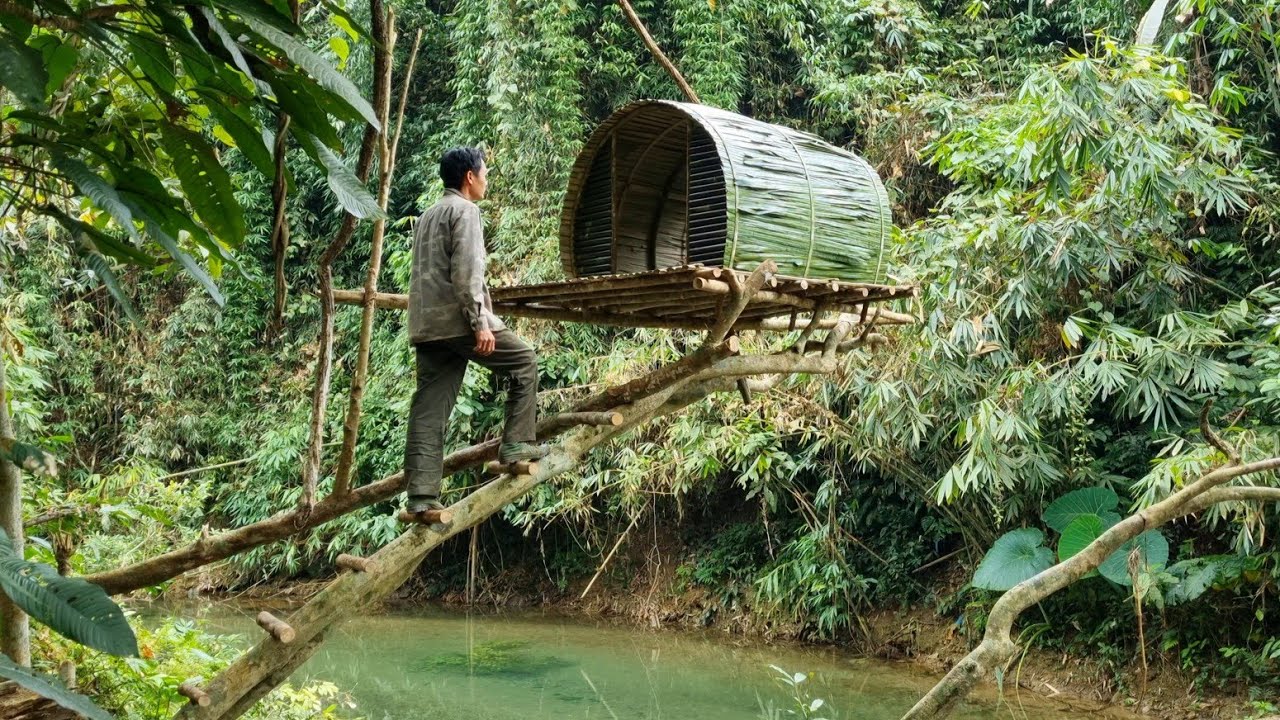 Build a cool hut in a treetop by the riverbank, live alone in the wilderness.
