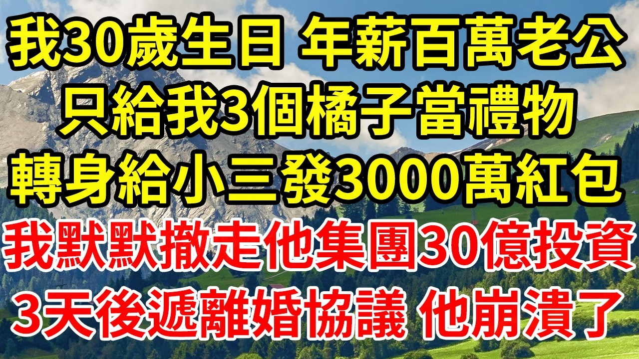 我30歲生日 年薪百萬老公只給我3個橘子當禮物轉身給小三發3000萬紅包我默默撤走他集團30億投資3天後遞離婚協議 他崩潰了