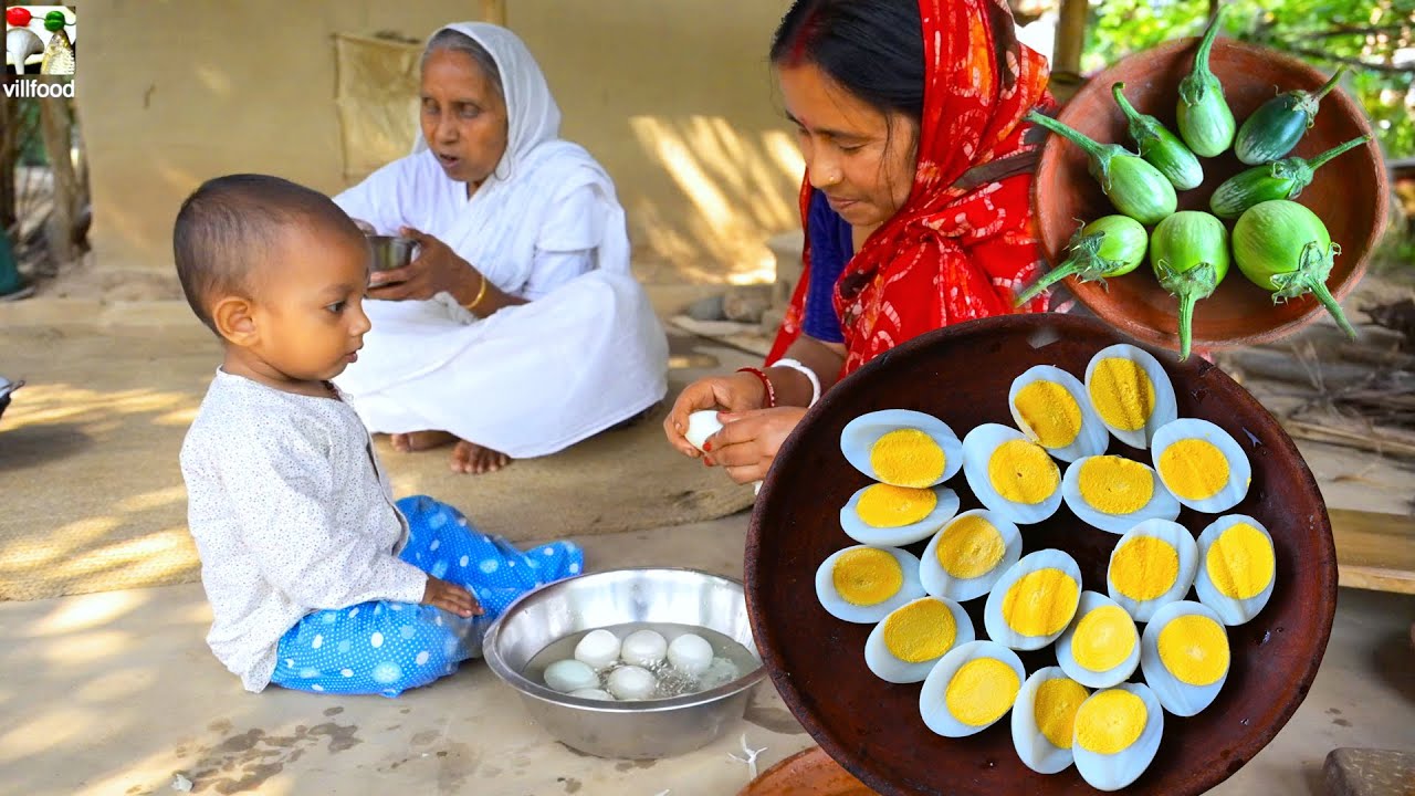 হাঁসের ডিম্ দিয়ে বাগানের টাটকা বেগুন রান্না সাথে বাগানের  পুই পাতার বড়া | Duck Egg Brinjal Curry