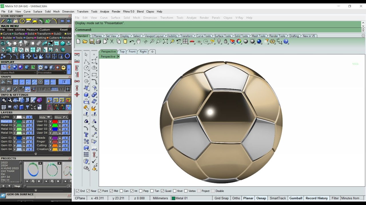 Golden Ball for soccer player _Chia sẻ cách vẽ 3D quả bóng bằng phần mềm Rhino-Matrix .