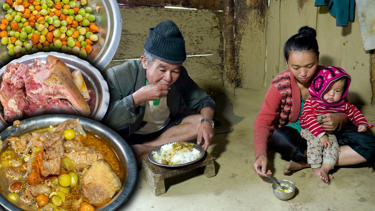 Chickpeas, Peas & Pork Mix Gravy with rice cooking & eating in Village kitchen || Village life vlog
