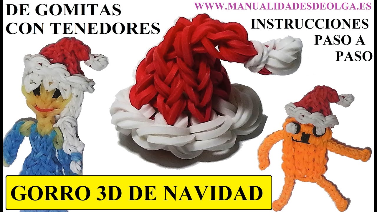 COMO HACER UN GORRO 3D DE NAVIDAD DE GOMITAS SIN TELAR, CON DOS TENEDORES. MANUALIDADES NAVIDEÑAS