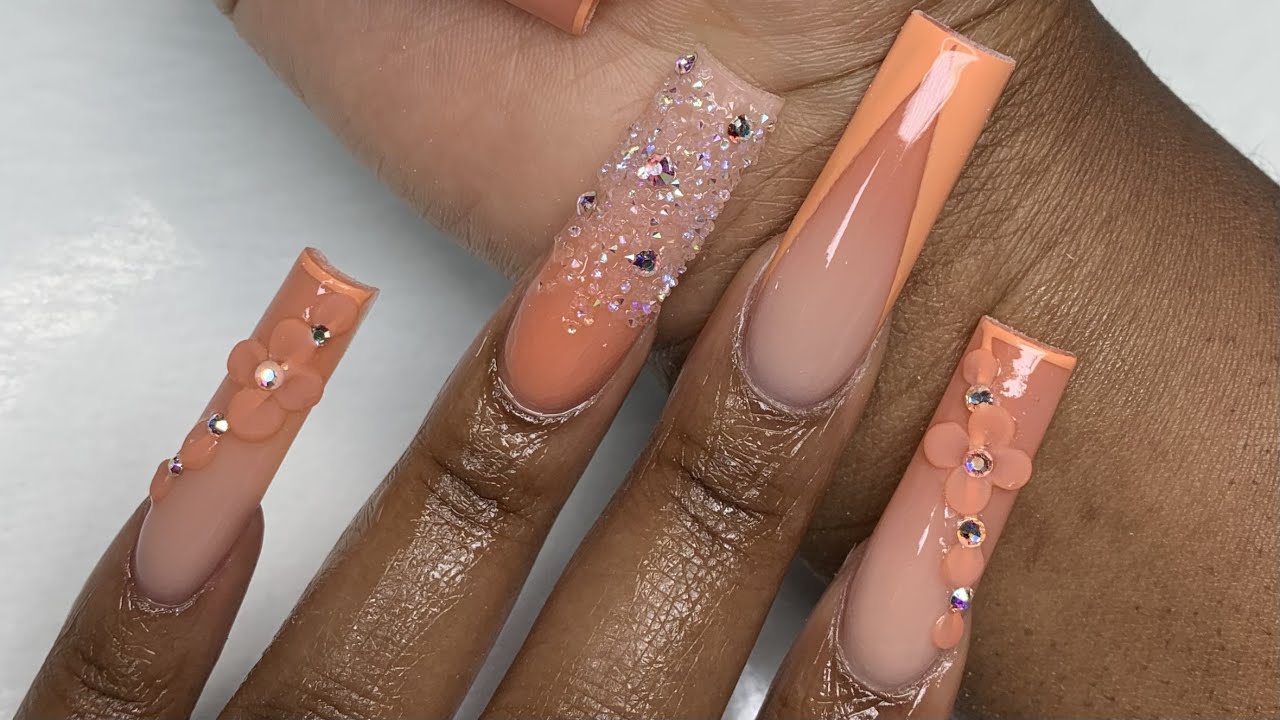 Long Ombre Pixie Crystal 3D Flower Acrylic Nail