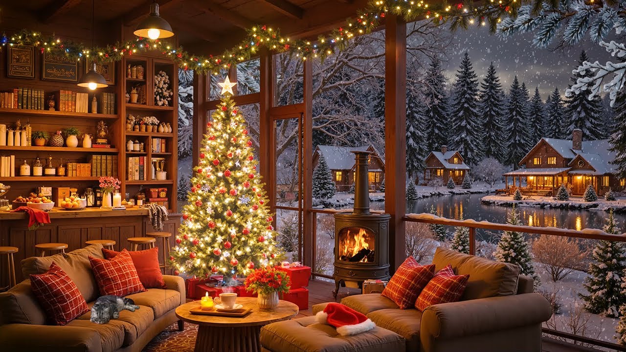 Cozy Winter Porch Ambience ⛄ Warm Jazz & Fireplace Crackles for Quiet Snowy Moments