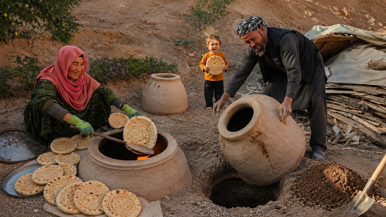 A rural couple builds a tandoor or clay oven and bakes cakes in it