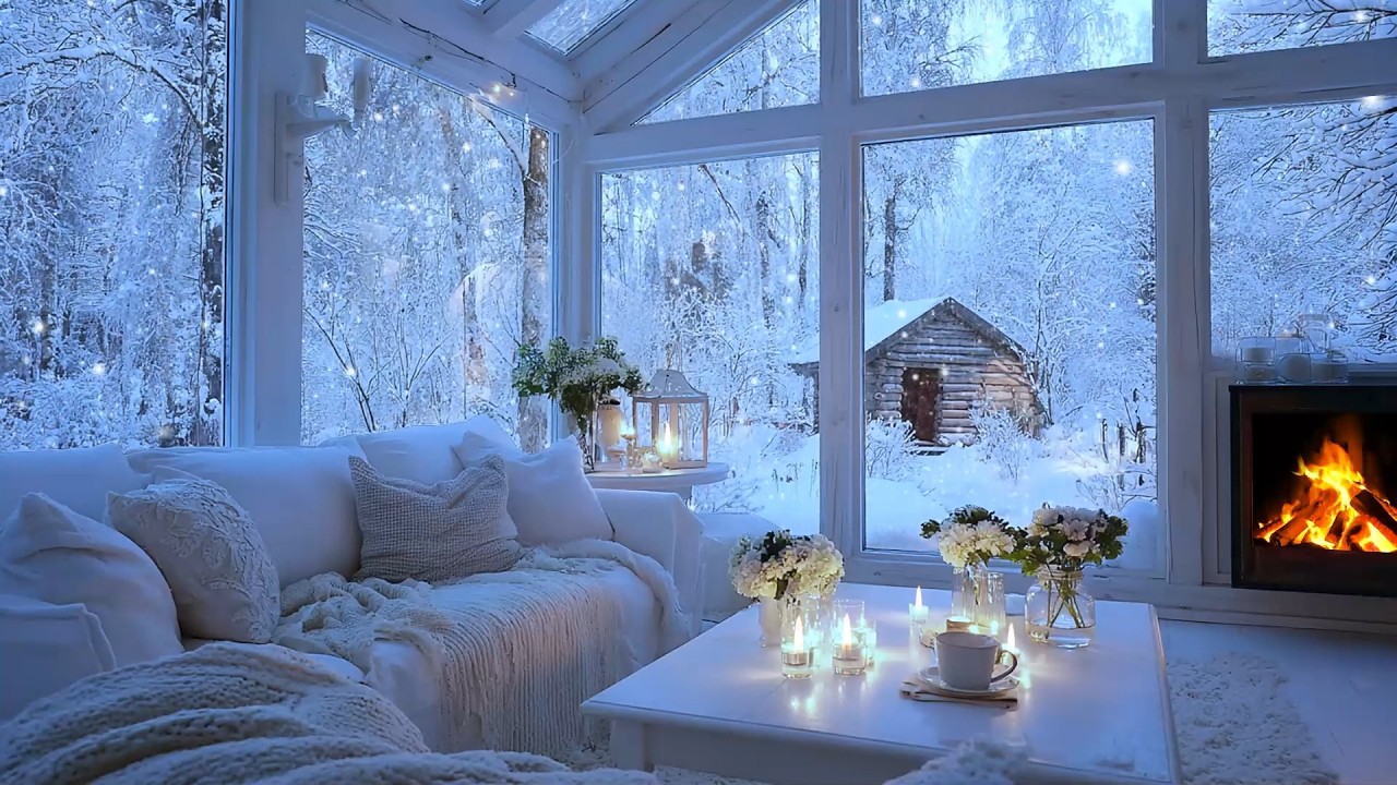 Winter Night in White Room Lounge  | Fireplace, Snow & Gentle Piano for Sleep
