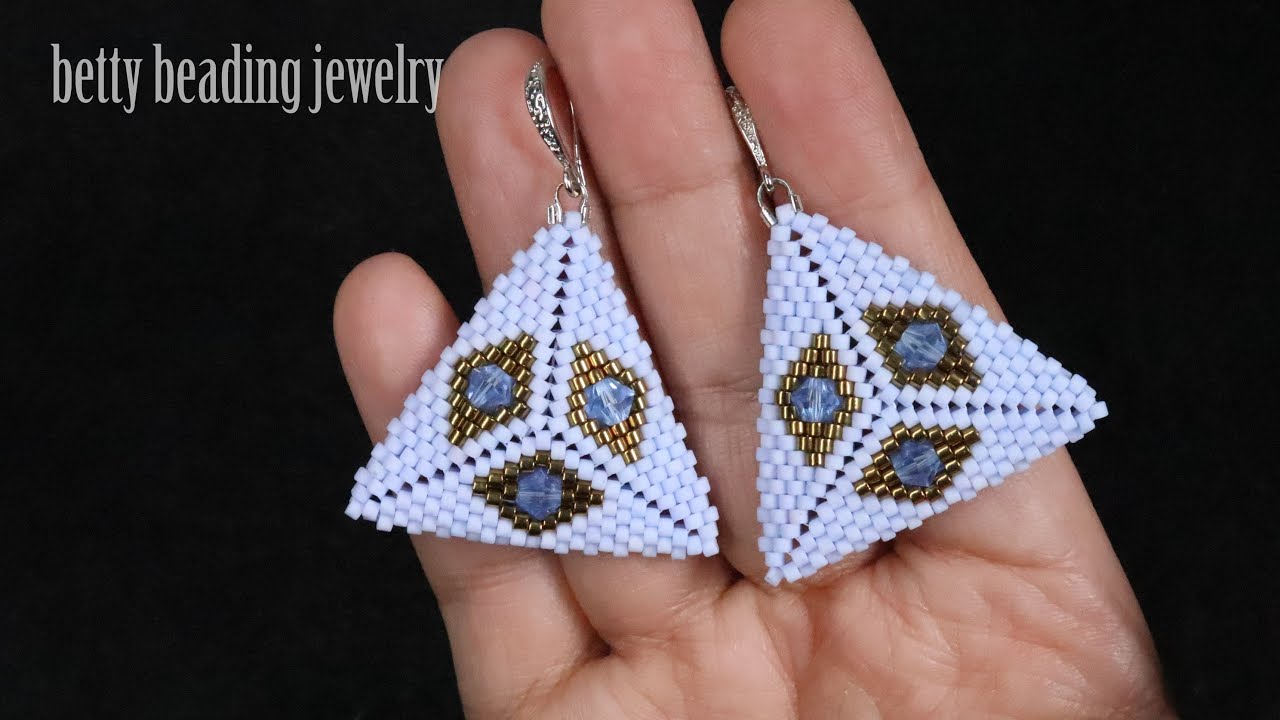 Triangle beaded earring with crystal design tutorial . How to make beaded earring?