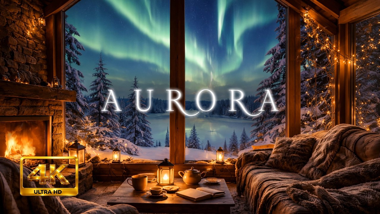 Northern Lights Ambience with Fireplace | Relaxing Aurora Borealis Night Sounds