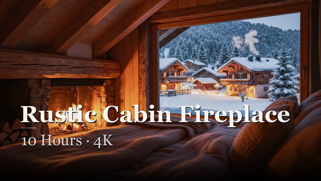 Rustic Cabin Fireplace NO ADS (4K UHD) 🔥 | Snowy Village Window View | 10 Hours |