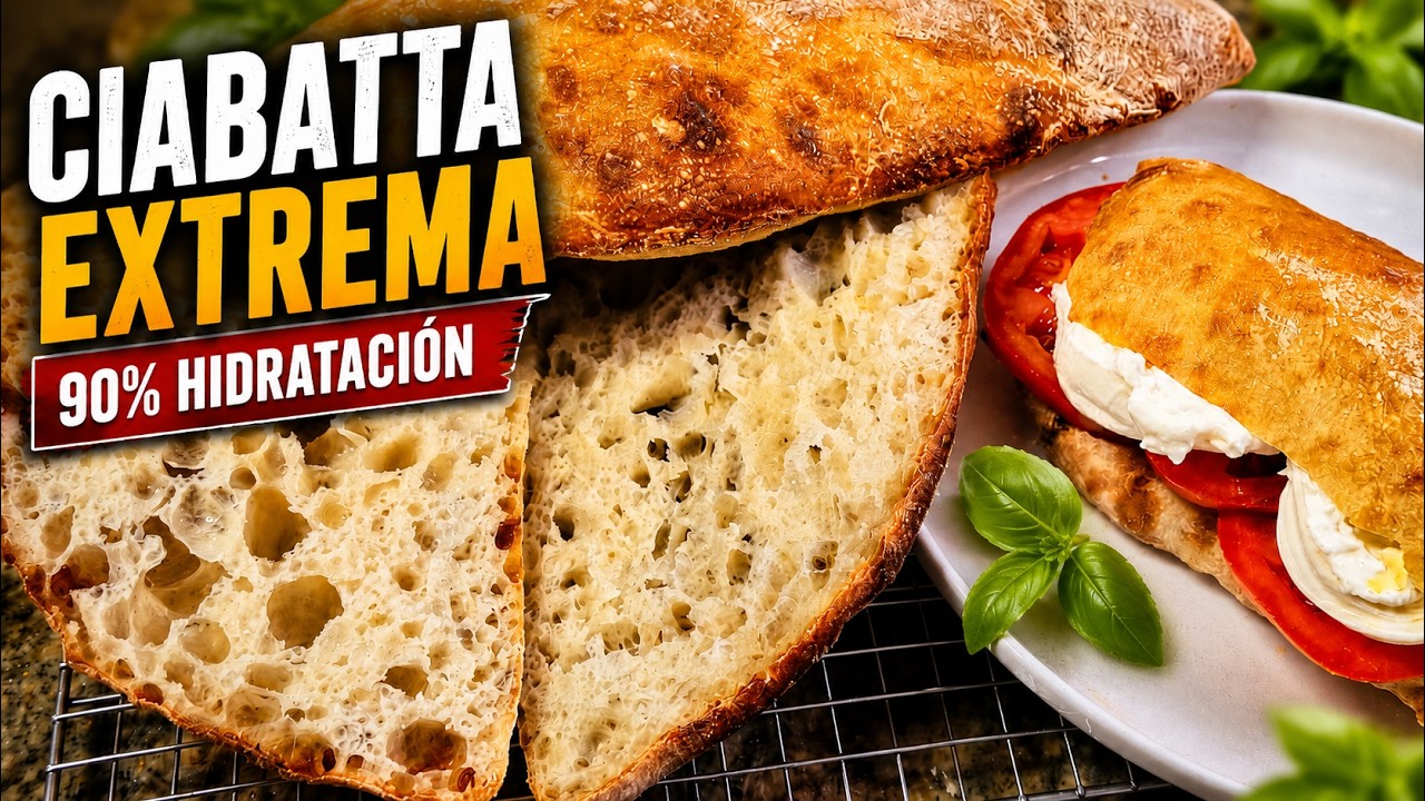 Ciabatta Extrema 90% Hidratación: Miga Gigante y Sándwich Perfecto de Burrata y Tomate [052]