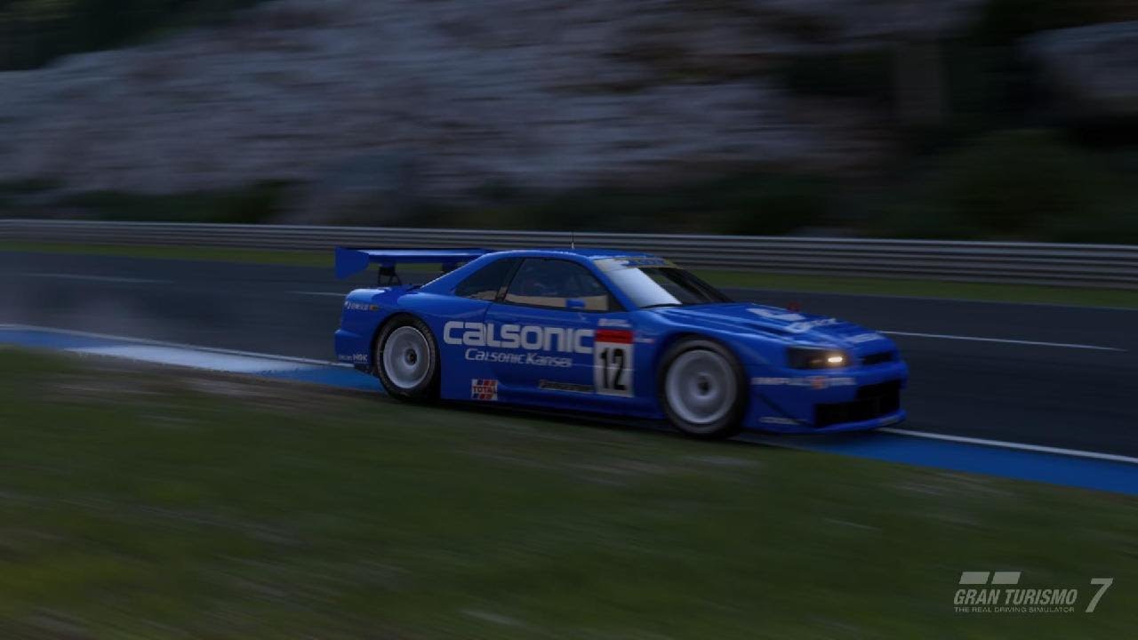 Gran Turismo 7 Trial Mountain with the GT3 Aspec Calsonic Skyline