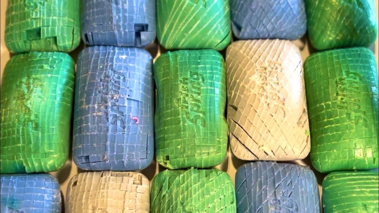 Asmr soap cube cutting 🤍💙💚 waxy and crunchy Irish Spring soaps 🤍💙💚