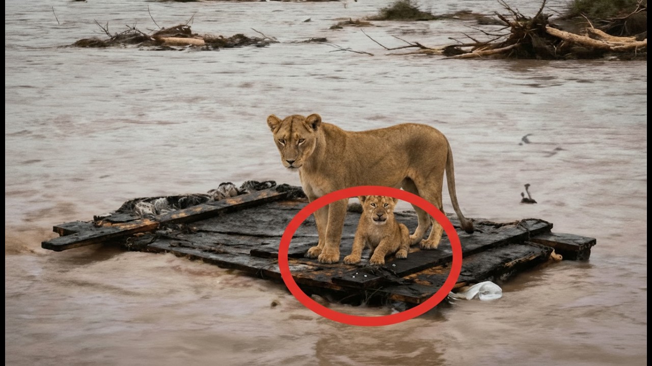 Спасение животного: львица храбро защищает своего детеныша во время наводнения.