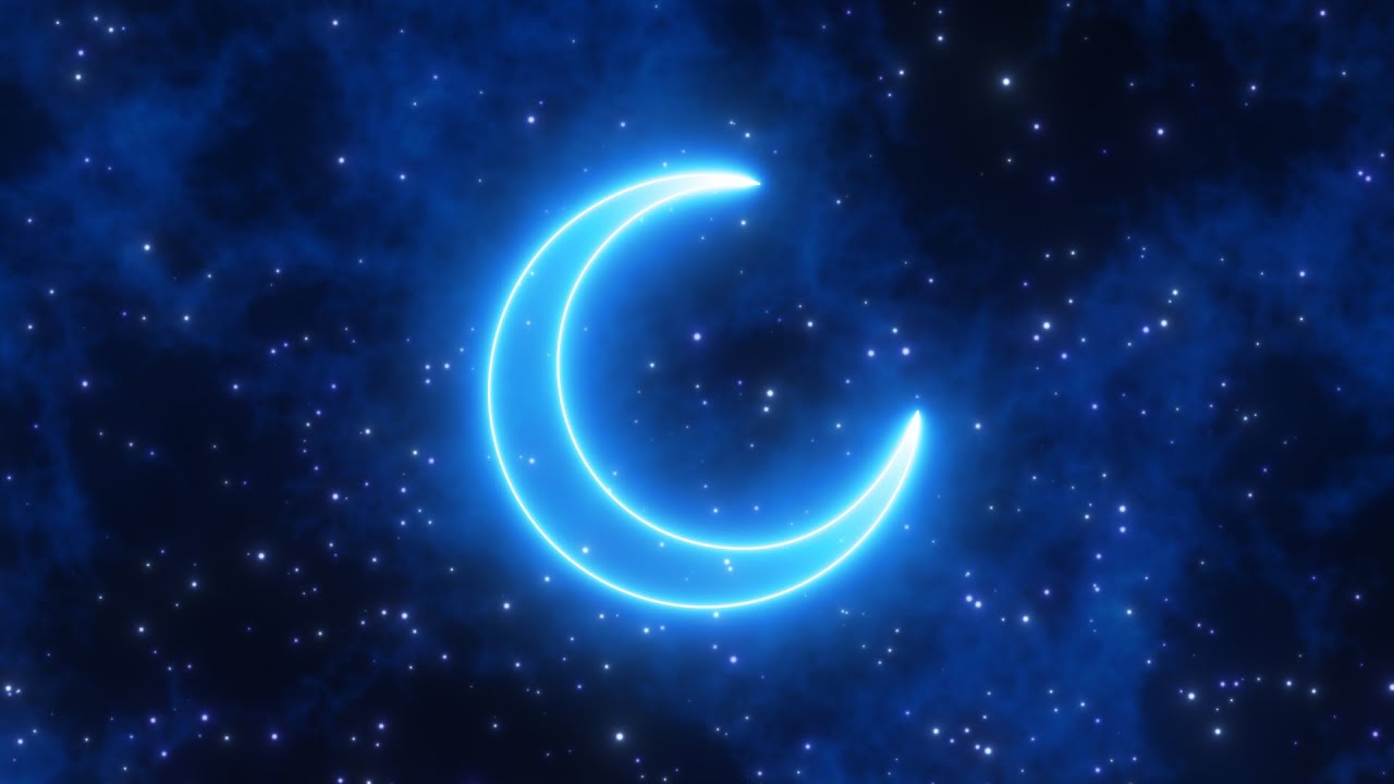Calm Blue Neon Crescent Moon Shape in Cloudy Dark Night Sky Stars 4K Motion Background for Edits