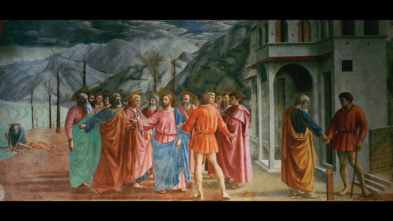 El tributo de la moneda en la capilla Brancacci de la iglesia del Carmen en Florencia, de Masaccio.