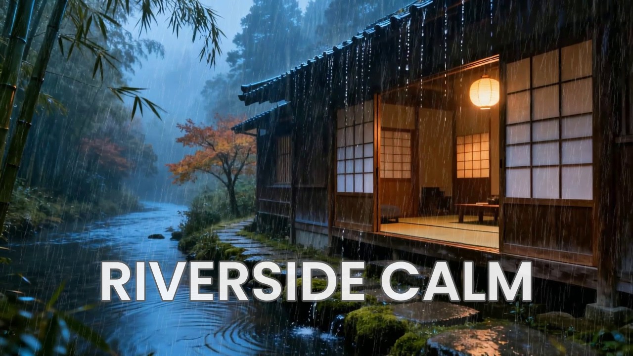 12 Hours Soul-Healing Misty Rain at a Traditional Riverside Path with Warm Lights for Anxiety Relief