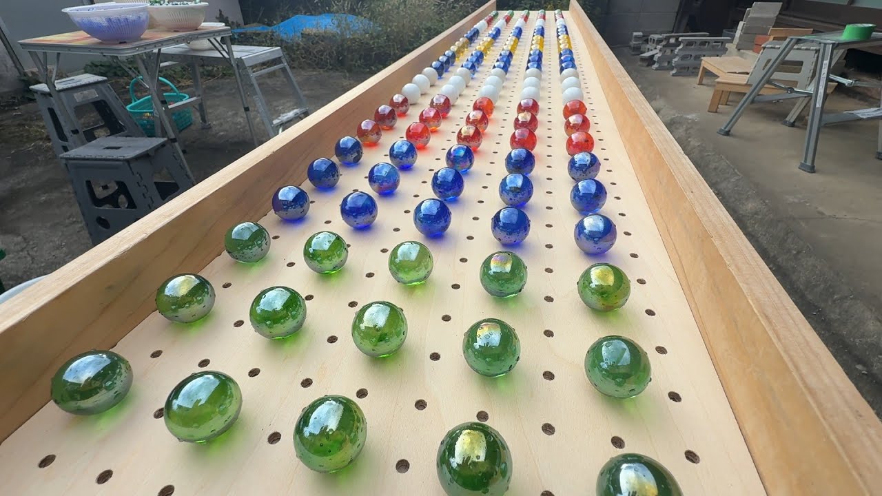 マーブルラン112 marble run 大工長尺レール　小ビー玉、大ビー玉　くねくね手作りコース編