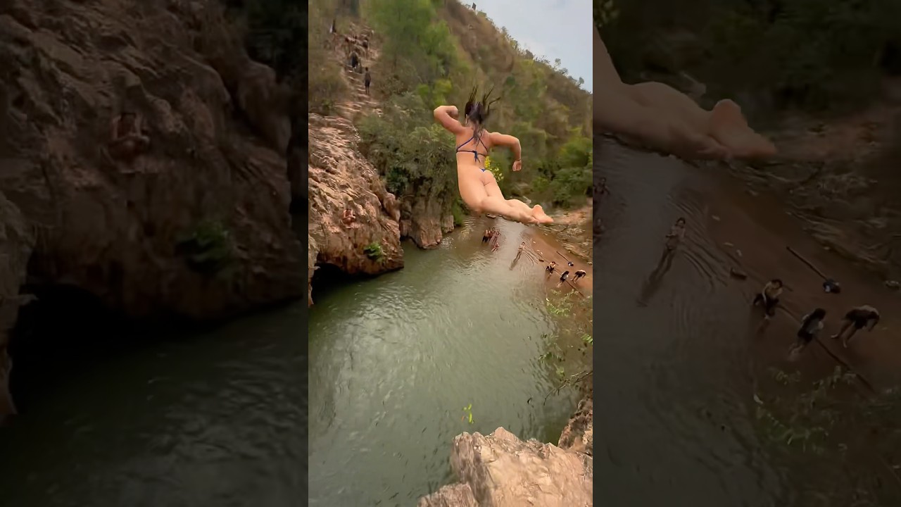 death dive in a waterfall 🫣 #d&oslash;ds #extreme #cliffdiving (⚠️ I am a professional)