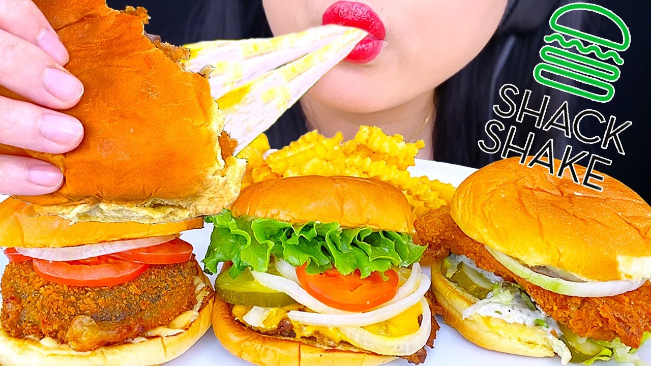 ASMR Cheesy SHROOM Burger, Cheeseburger & Crispy Chicken Sandwich from SHAKE SHACK