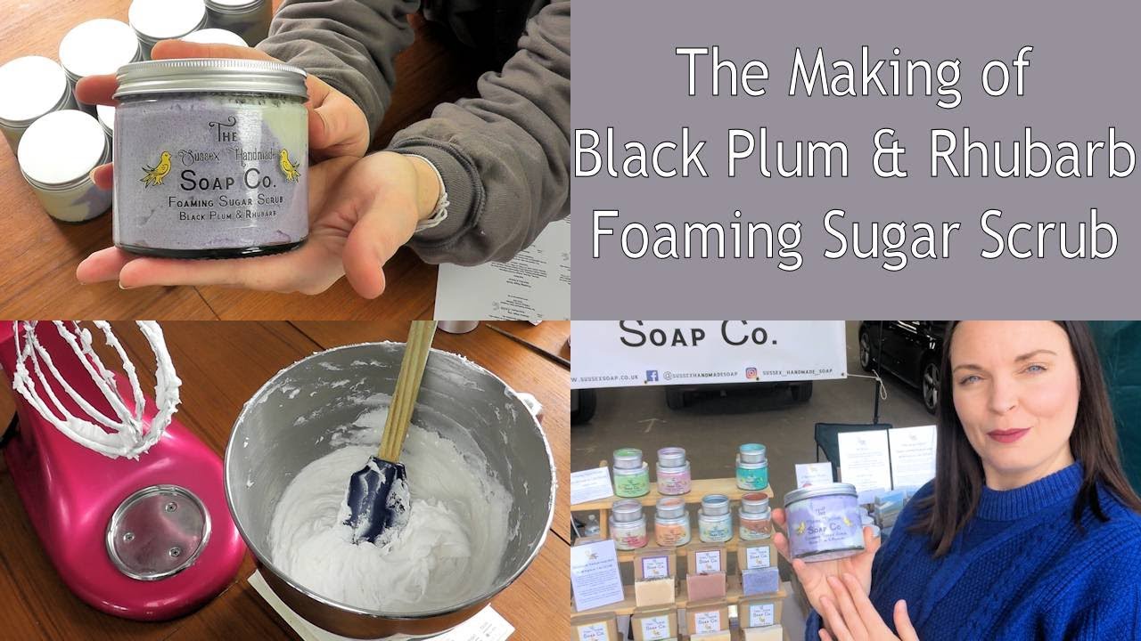 The making and packaging of our palm oil free handmade Black Plum & Rhubarb Foaming Sugar Scrub