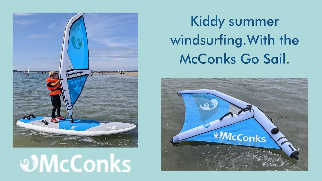 Kiddy summer windsurfing with the McConks Go Sail XS inflatable windsurf sail.