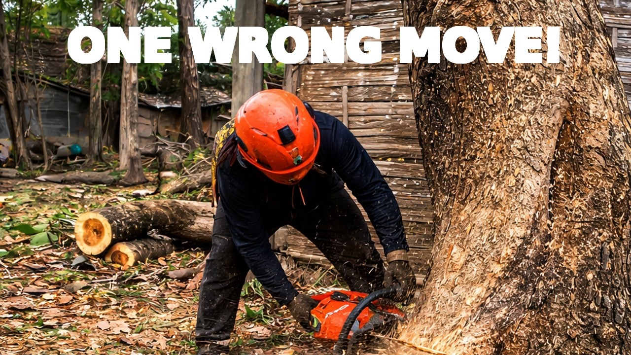 Dangerous Tree Cutting Near House | Chainsaw Skills #asmr #chainsaw #relaxing #satisfyingvideo #diy