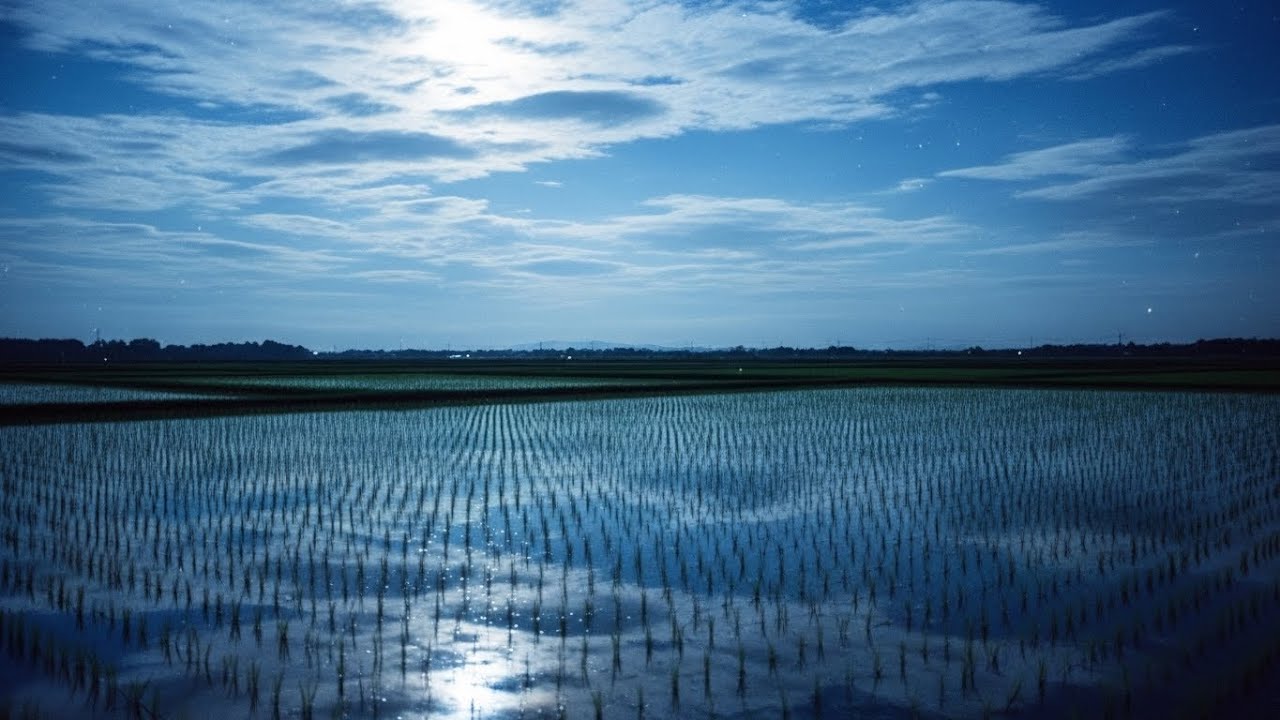Chill Lofi Late-Night Serenity Rising From Peaceful Rice Terraces Under Cool Glowing Skies