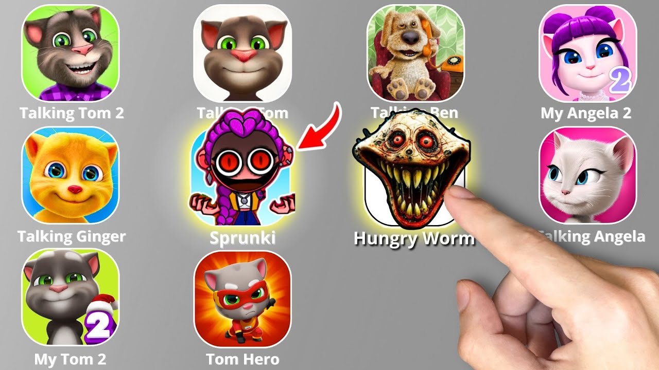 Talking Angela,Hungry Worm,Roblox,Talking Tom,SPRUNKI,KPop Demon Hunters,Talking Ginger,Tom 2