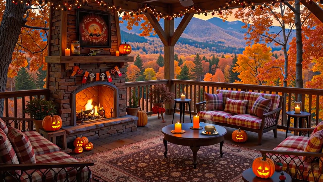 Halloween Jazz at Autumn Mountain Cabin 🍂 Tramquil Jazz, Cozy Fireplace Ambience for Study & Work