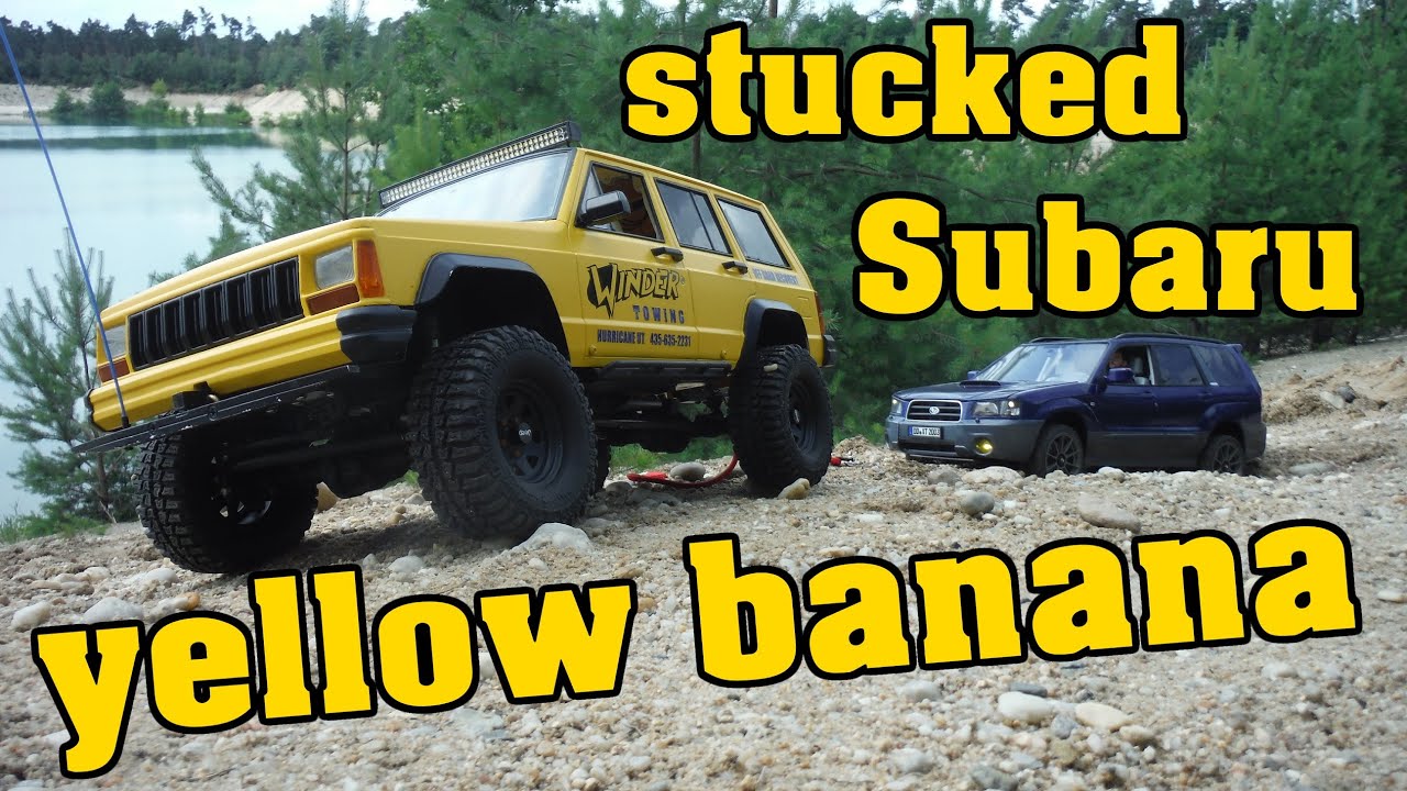 The yellow banana - Winder towing - stucked Subaru - 1/10 scale RC Jeep Cherokee XJ