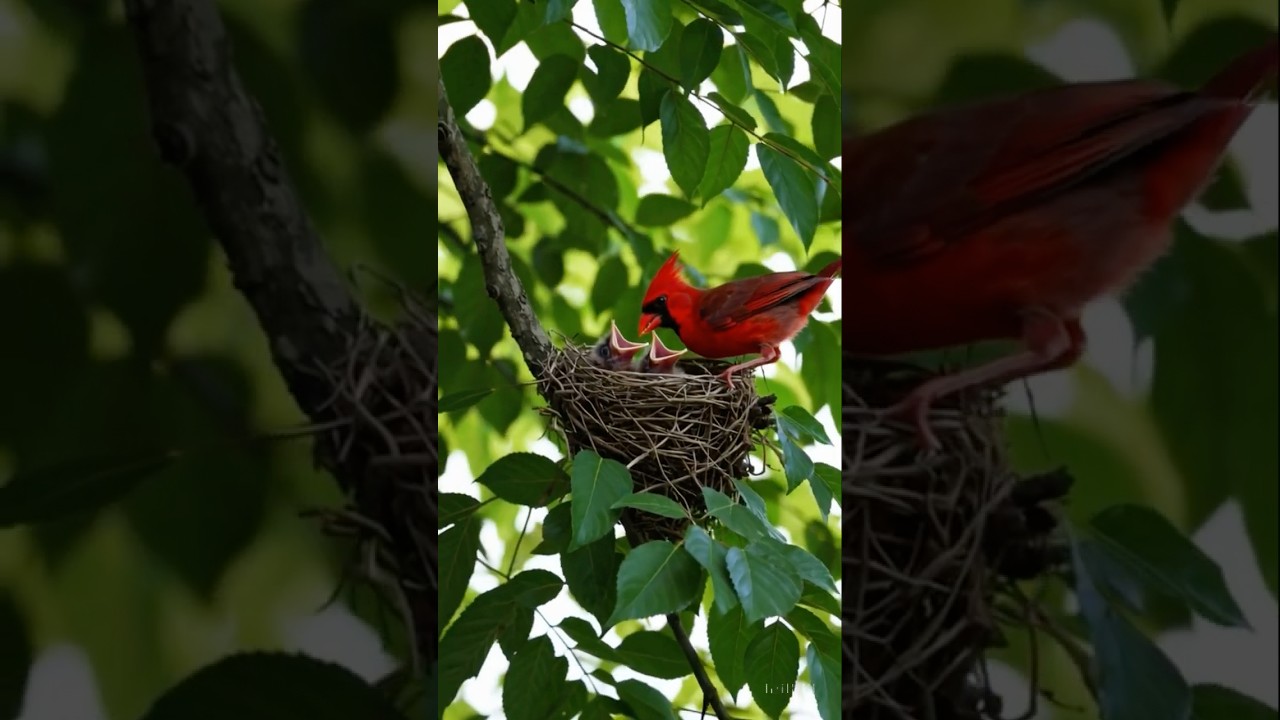 Red Cardinal Feeding Their Baby Birds #redcardinal #birds #ytshorts #shorts