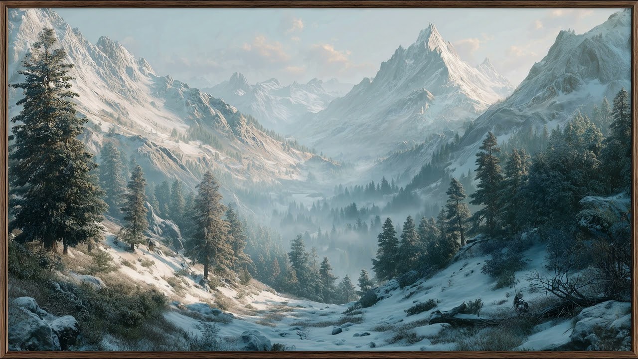 Silent Winter Valley Pine Trees And Snowy Mountains | Still Art Screen Saver | 4K