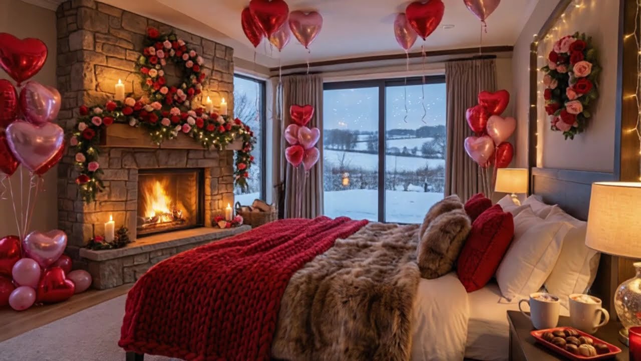 Cozy Valentine's Bedroom Ambience 💖 Relaxing Winter Valentines Scene 💖 Crackling Fireplace 💖No Music