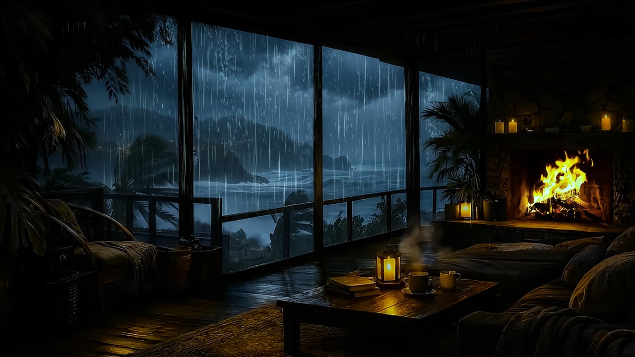 Sleep Instantly with Seaside Porch Thunderstorm 🌩️ Heavy Rain, Thunder, Waves & Cozy Fireplace
