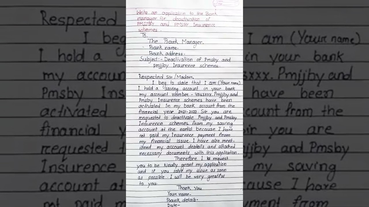 Application to the bank manager for deactivation of PMJJBY and PMSBY insurance scheme l