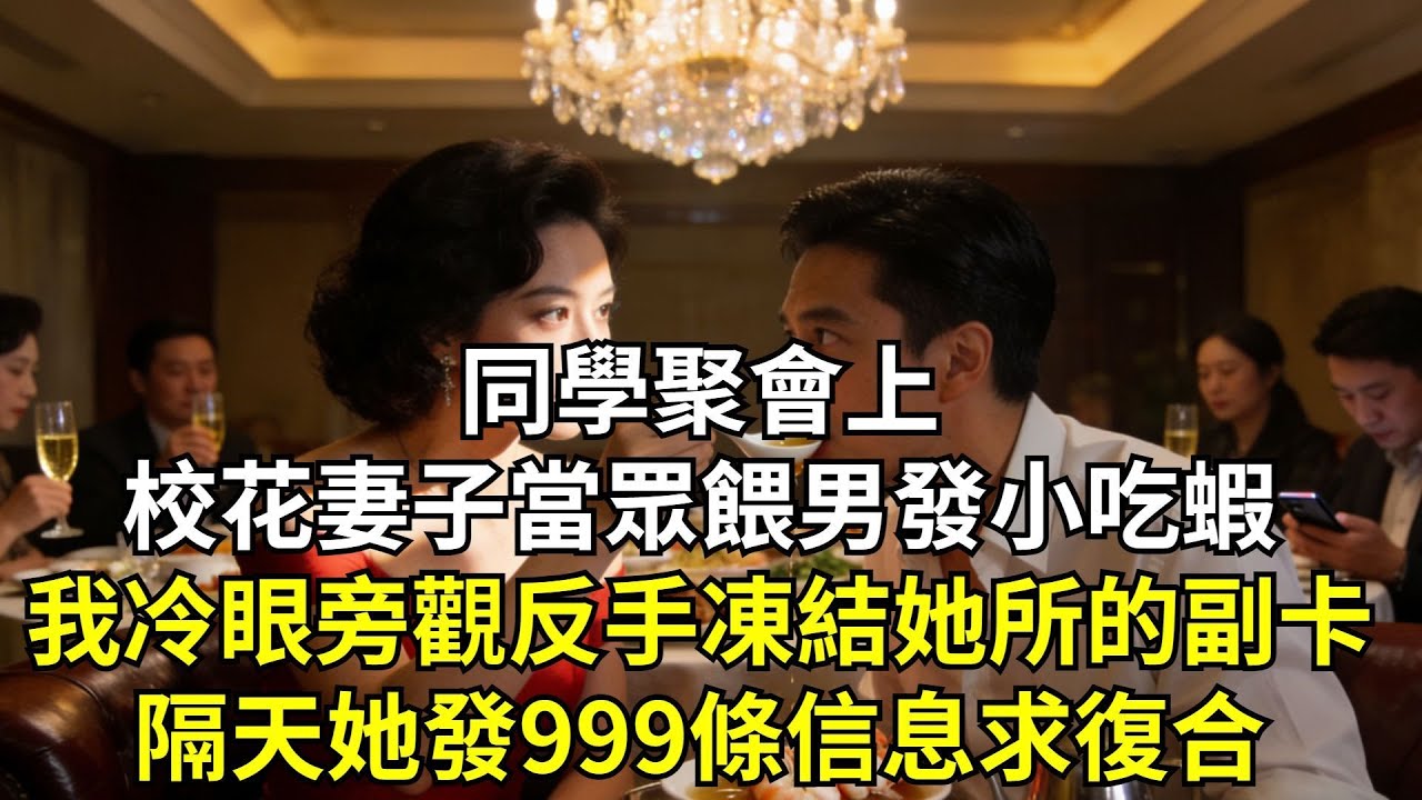 同學聚會上校花妻子當眾餵男發小吃蝦，我冷眼旁觀，反手凍結她所有的副卡，隔天她發999條信息求復合#小説#情感故事#爽文#婚姻生活