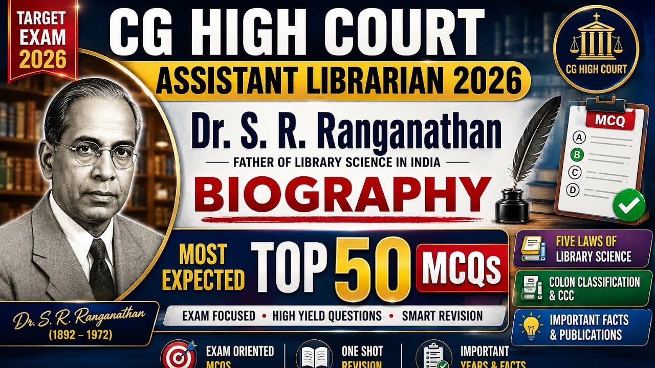 CG High Court Assistant Librarian 2026 | Dr. S. R. Ranganathan Biography | Top 50 Most Expected MCQs