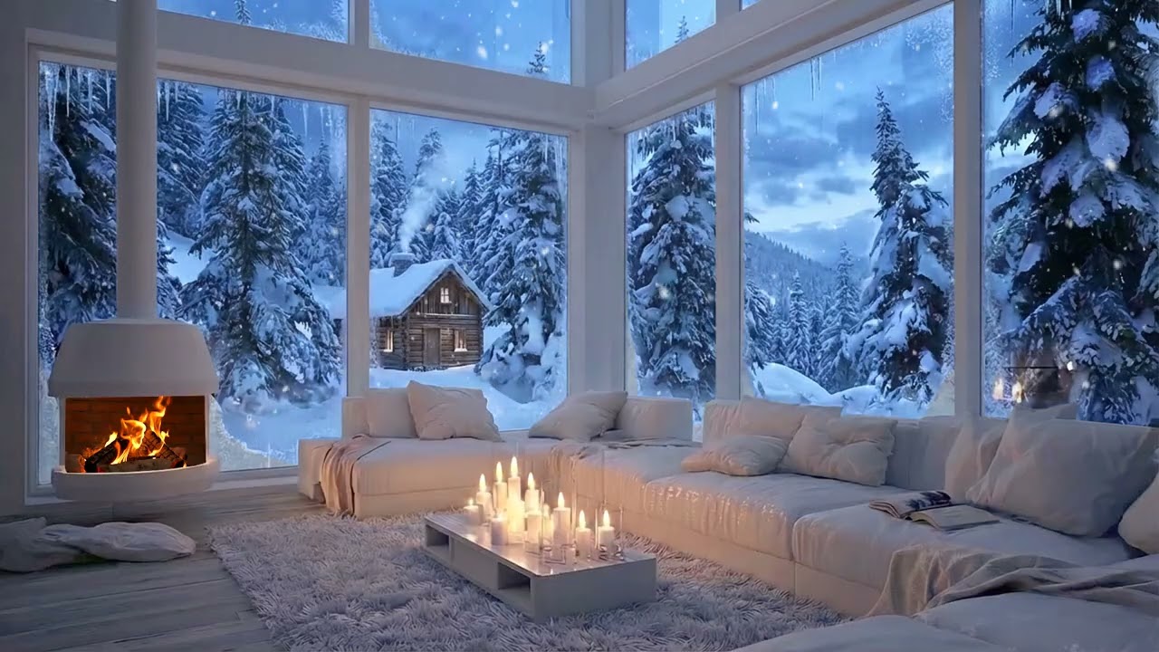Snow Falling Outside a Warm Room | Fireplace & Calm Piano Music